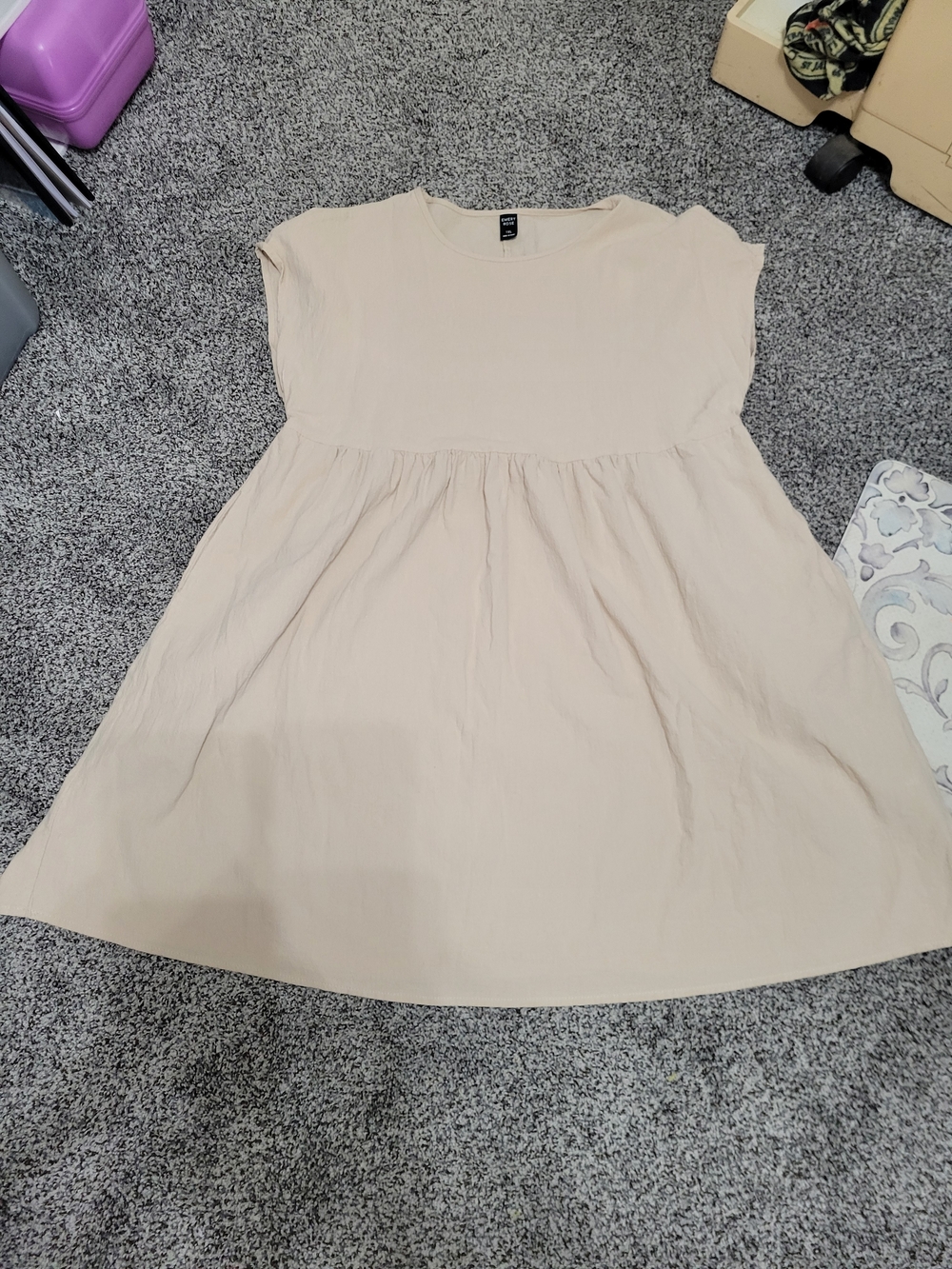 Womens Linen Color Cream Short-Sleeve Cotton Mini Babydoll Dress